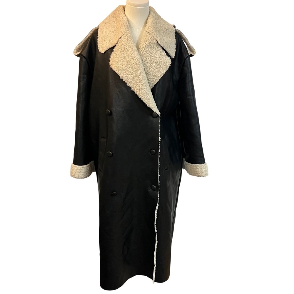 Finesse Faux Leather Trench Coat Shearling Lined Black Long Coat L